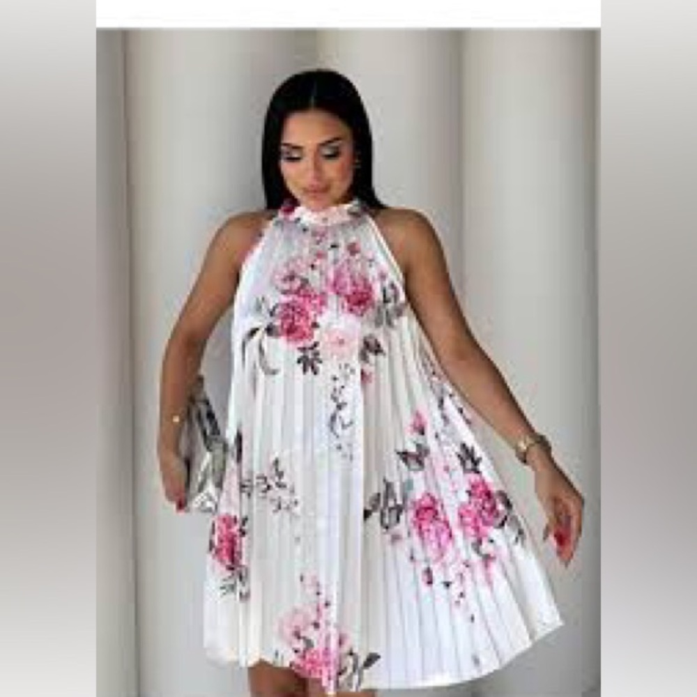Chicme Floral Pleated Halter Midi Dress - White with Pink Roses Sz 2XL